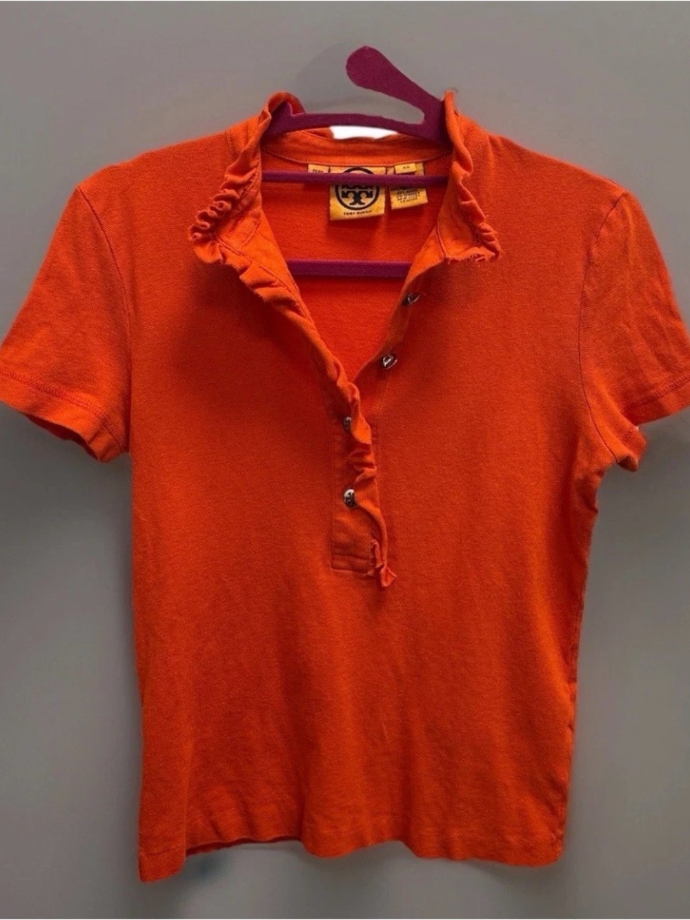 Tory Burch Orange Ruffle Collar Polo Top